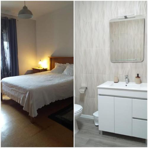 a bedroom with a bed and a bathroom with a sink at Casa da Maria in Amoreira