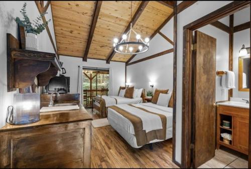 a bedroom with two beds and a sink in a room at The Lost Compass in Sautee Nacoochee