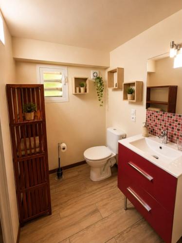 a bathroom with a toilet and a sink at Gîte Bananier - Villa Marina in Bouillante