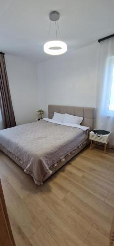 a bedroom with a large bed with a ceiling at Forest Nest - Livezeni in Livezeni