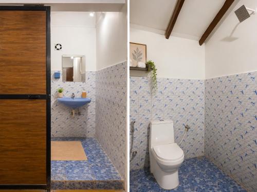 two pictures of a bathroom with a toilet and a sink at Lax Stays Morjim by SevenTales in Morjim
