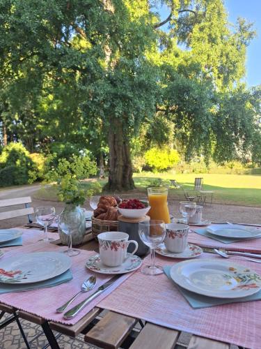 a picnic table with plates of food and a tree at Chambre d'hôtes du Château de Digeon in Morvillers-Saint-Saturnin