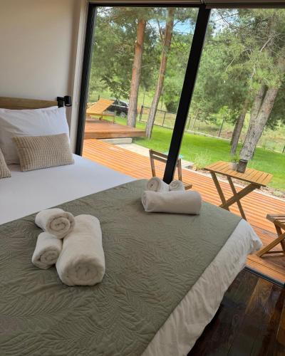 a bedroom with towels on a bed with a large window at Villa Ruj Retreat Deliblatska Peščara in Šumarak