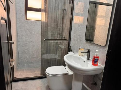 a bathroom with a toilet and a sink and a shower at Mallony Homes in Kampala