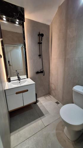 a bathroom with a sink and a toilet and a mirror at Domki Wieck in Czarna Woda