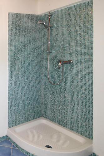 a shower in a bathroom with green tile at Villa Silvia direttamente sul mare in Caronia Marina