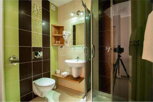 a bathroom with a toilet and a sink and a shower at DW Boguń Pokoje i Apartamenty in Białka Tatrzańska