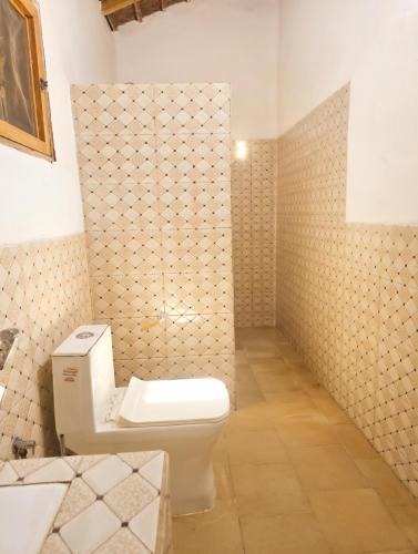 a bathroom with a toilet and a tiled wall at Timonier Ecolodge in Mar Lodj
