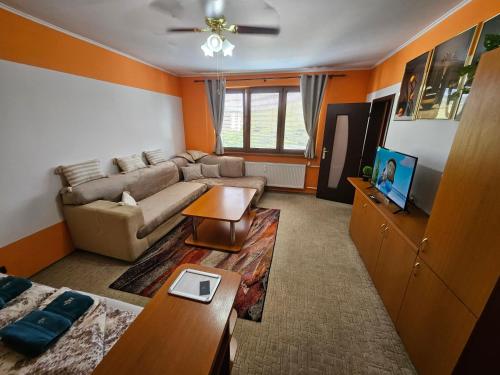 a living room with a couch and a tv at WOLF APARTMAN Luxusné ubytovanie s plnou výbavou s Bezplatným parkovaním SMART TV a Optickým Internetom Priamo v Považskej Bystrici Tichá lokalita s Všade blízko Vhodné pre Jednotlivcov Rodiny Pracovné cesty Turistiku aj Oddych Plne vybavená Kuchyňa in Považská Bystrica
