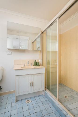 a bathroom with a sink and a shower at The Palms in Redcliffe