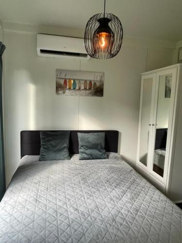 a bedroom with a bed and a chandelier at Bedugnės Namelis in Vilnius