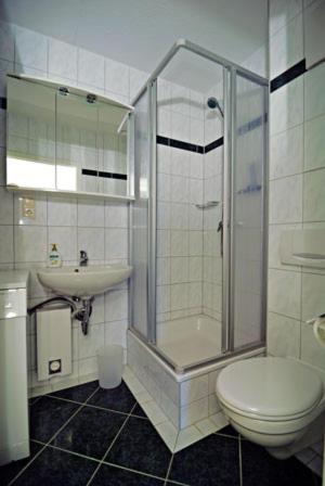 a bathroom with a shower and a toilet and a sink at Fährhof 6b EG in Wiek auf Rügen