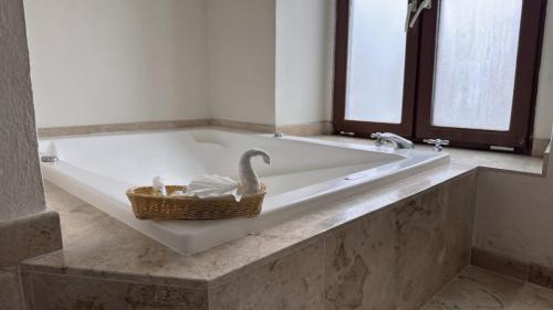 a bath tub with a swan in a bathroom at Mision Catedral Morelia in Morelia