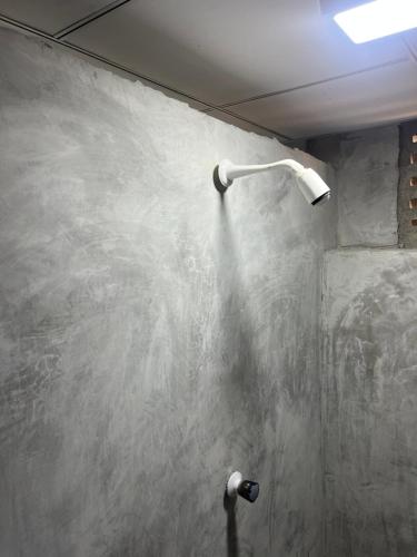 a shower with a shower head on a wall at Lake Hostel Anuradhapura in Anuradhapura
