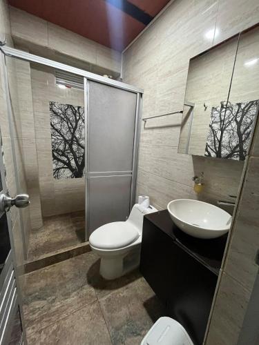 a bathroom with a toilet and a sink and a shower at Casa Hotel Villa María - Apia in Apía