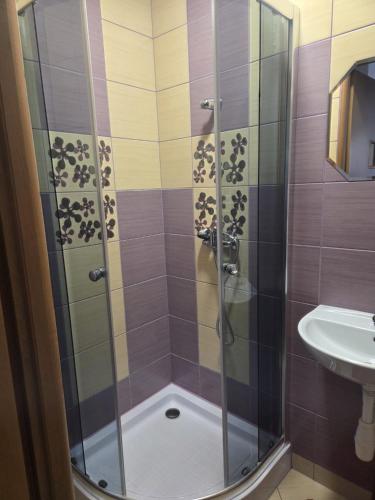 a shower with a glass door next to a sink at Gościnne Pieniny Pensjonat in Jaworki