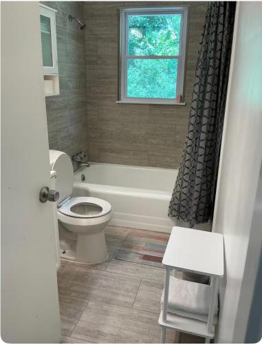 a bathroom with a toilet and a tub and a window at Bankston House B&C in Marietta