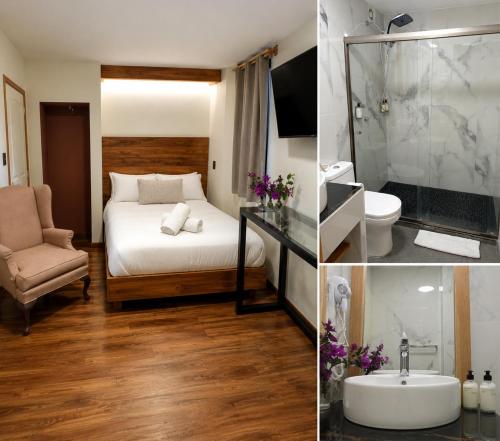 a hotel room with a bed and a bathroom at Terraza & Loft San Ángel in Mexico City