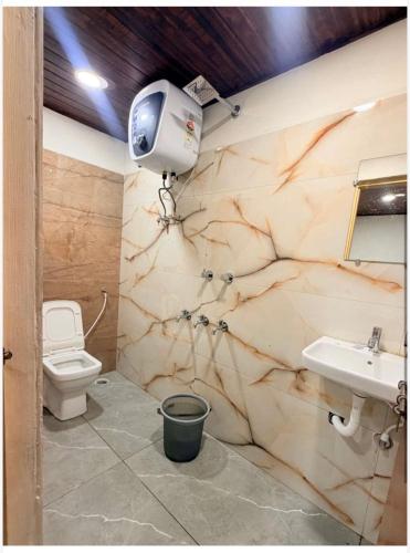 a bathroom with a toilet and a sink at Aetheria Estate Retreat in Chikmagalūr