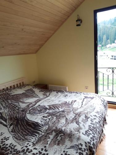 a bedroom with a bed and a large window at Cozy Mountain Chalet Bakhmaro in Chʼkhakoura