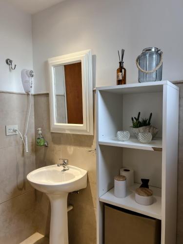 a bathroom with a sink and a mirror at Monoambiente Céntrico único in Puerto Madryn