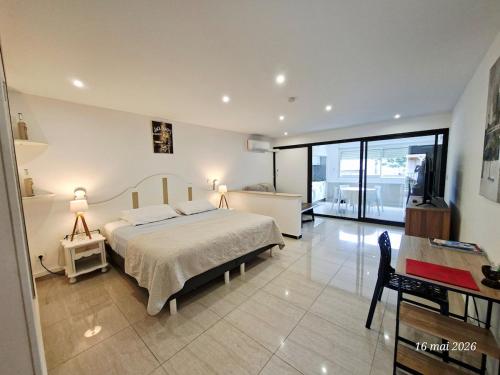 a bedroom with a bed and a television in it at Flamboyant Studio avec Piscine et Parking in Saint Martin