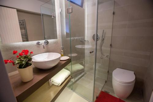 uma casa de banho com uma cabina de duche em vidro, um WC e um lavatório. em Sounio Sea View em Sounio