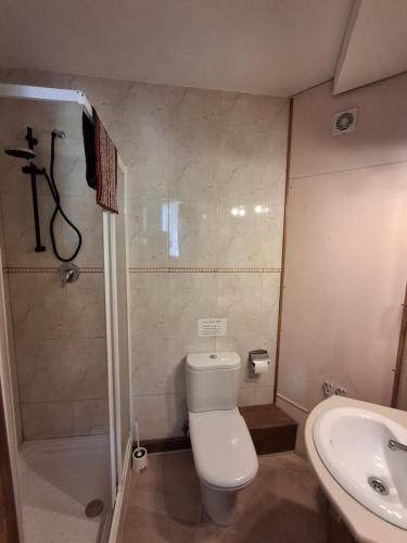 a bathroom with a toilet and a shower and a sink at Setcases-Vallter hostal Mitja Pensió 2 in Setcases