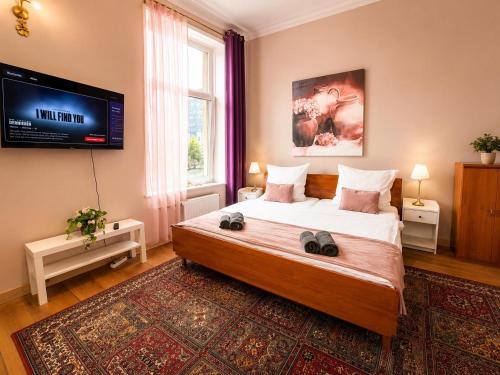 a bedroom with a large bed and a flat screen tv at Royal Rose Suite in zentraler Lage in Bremen