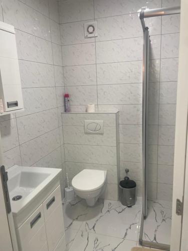 a white bathroom with a toilet and a sink at Romantika 4 in Veliko Gradište