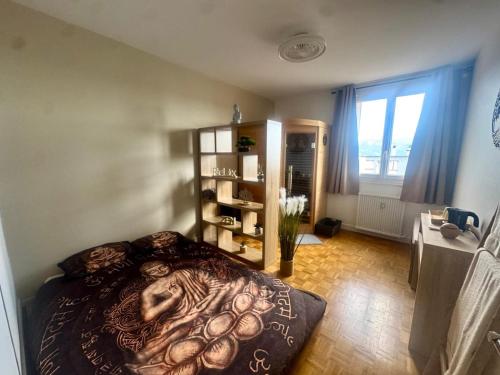 a bedroom with a large bed in a room at Le petit sauna de Sarah in Voiron