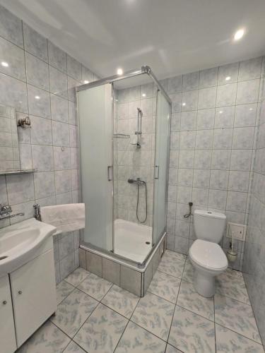a bathroom with a shower and a toilet and a sink at Willa Carcassonne in Paczków