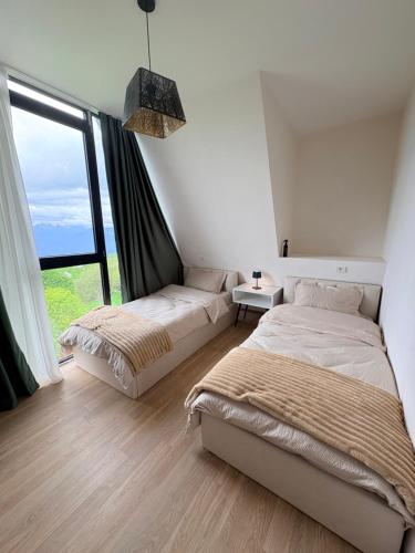 two beds in a bedroom with a large window at Mravaldzali twins in Oni
