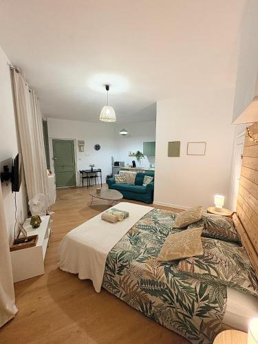 a bedroom with a bed and a living room at Studio le «Victor Hugo» , hyper centre ville in Vienne