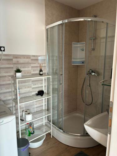 a shower with a glass door in a bathroom at Holiday Sparks in Jadranovo