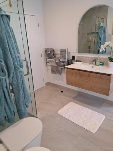 a bathroom with a toilet and a sink and a mirror at Kupe Boutique House with ensuite free wifi in Whitianga