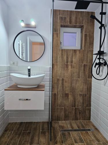 a bathroom with a sink and a mirror at FurtuNest in Roşcoiu
