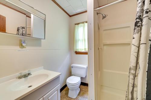a bathroom with a toilet and a sink and a mirror at Dock, Direct Waterfront: Lake Champlain Studio in Willsboro