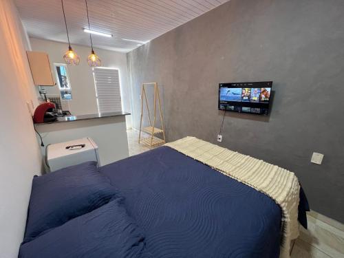 a bedroom with a bed and a flat screen tv at Aura Mar Flat in Baía Formosa