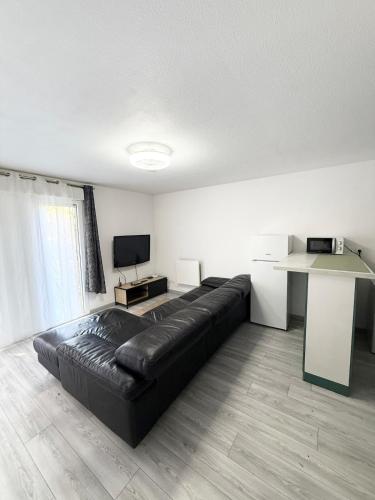 a black leather couch in a living room with a television at Large studio Independent sleeping area Swimming pool in Annemasse