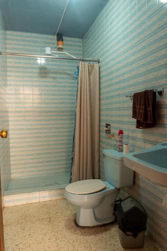 a bathroom with a toilet and a shower and a sink at House antigua Guatemala in Antigua Guatemala