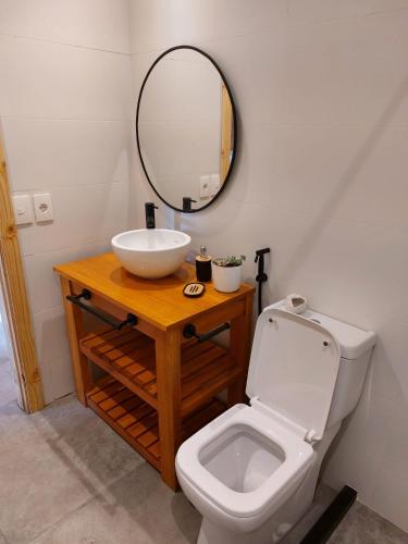 a bathroom with a sink and a toilet and a mirror at Madera y sal Cabañas piriapolis in Playa Hermosa