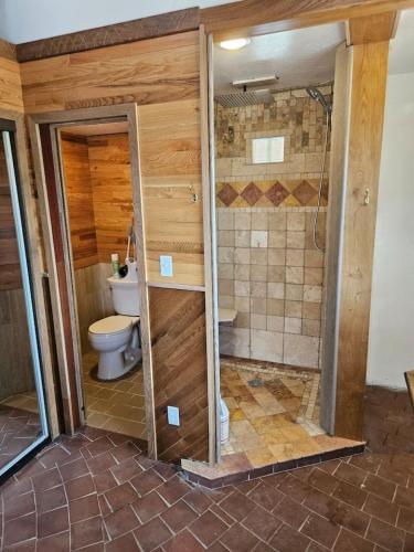 a bathroom with a toilet and a shower at GlampCamp in Big Arm