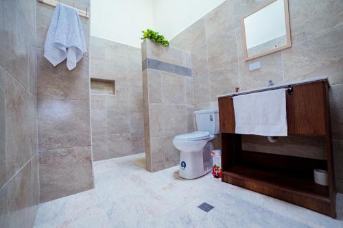 a bathroom with a toilet and a shower with a mirror at B&B Cotacachi Hosteria Oro Azul in Cotacachi