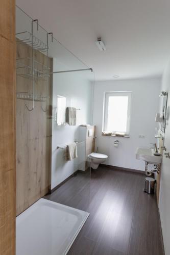 a bathroom with a shower and a toilet and a sink at Pension Christina in Vaihingen an der Enz
