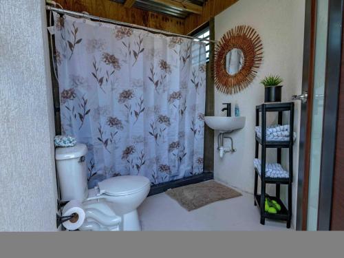 a bathroom with a toilet and a shower curtain at Vibra Barranquitashot pool in Barrancas