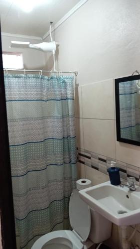 a bathroom with a toilet and a sink at Apartamentos Caimán 3 in Tortuguero