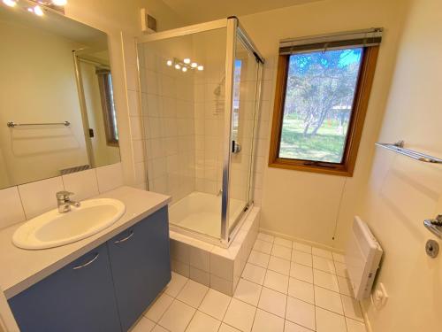 a bathroom with a sink and a shower and a toilet at Blue Sky Lodge in Dinner Plain