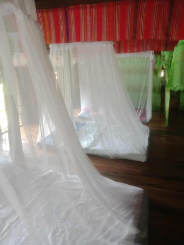 a bedroom with two beds with white mosquito nets at Homestay mây phía đồi in Lũng Tiềm