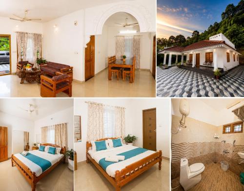a collage of four pictures of a bedroom at Mist & Meadows Premium VIlla By STAYVA in Munnar
